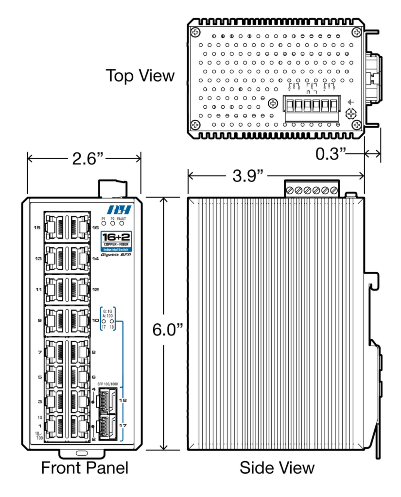 Industrial Ethernet Switches - 16+2 Gigabit SFP Switch - Dimensions