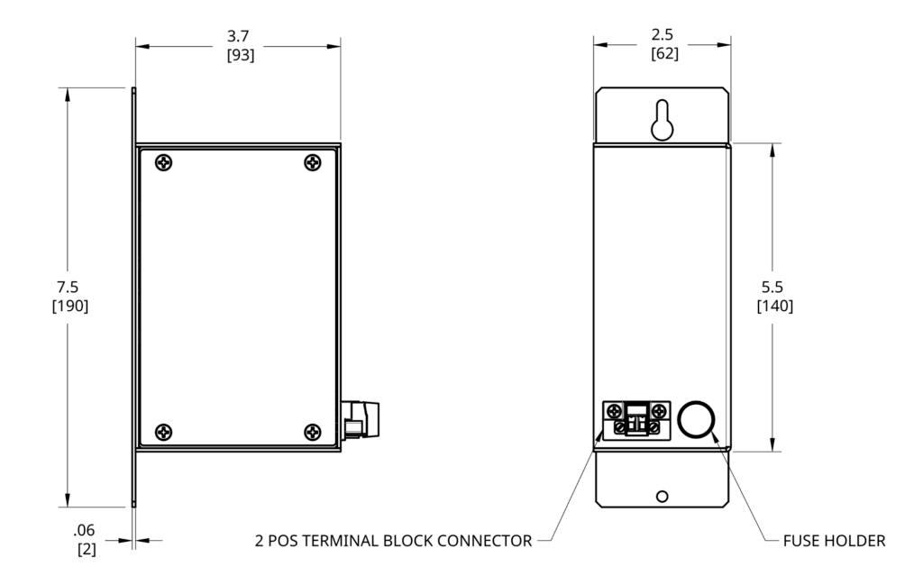 24VDC 1.2Ah Wall Mount Battery Pack - Dimensions