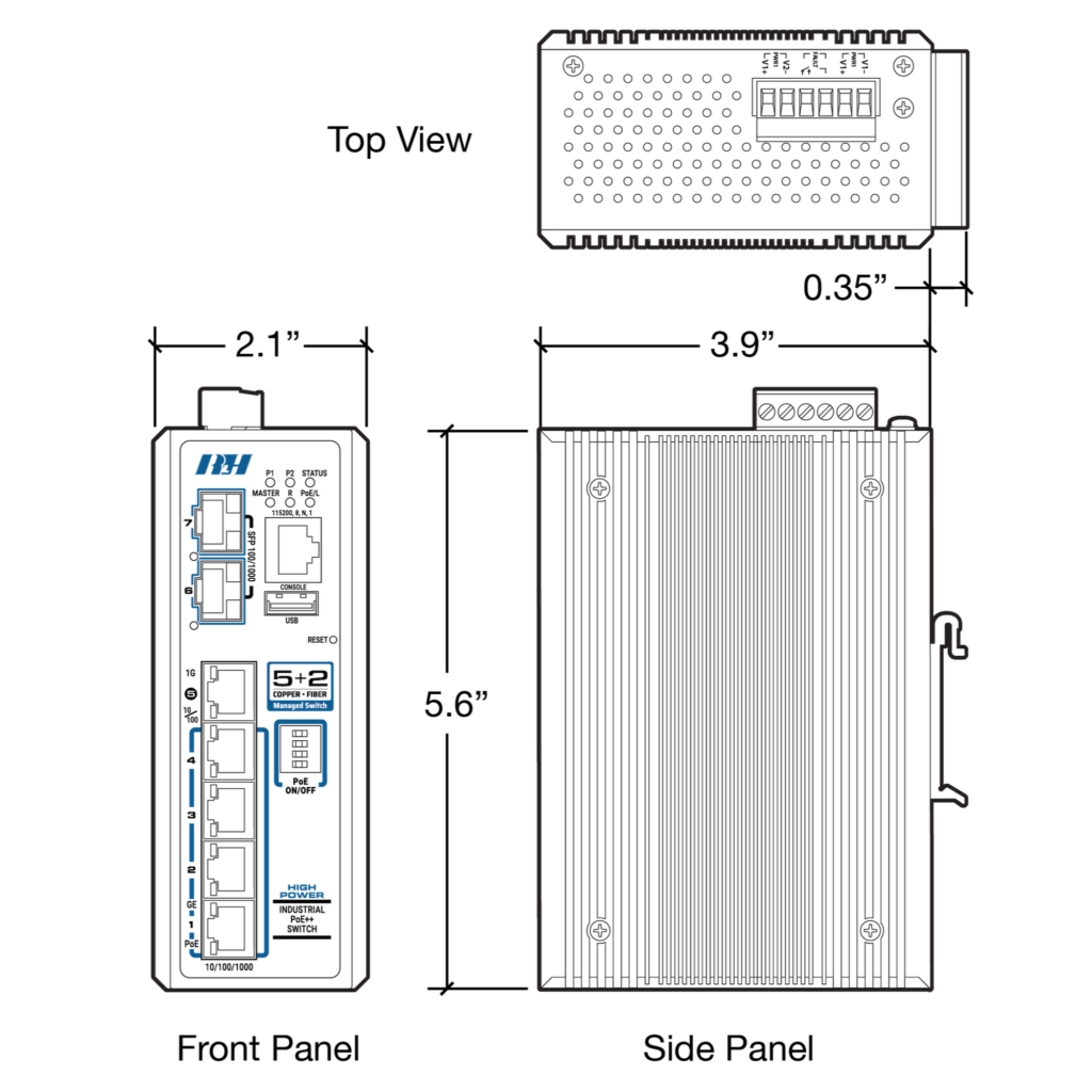 Industrial Ethernet Switches - 5+2 Managed Gbit SFP PoE++ Switch - Dimensions