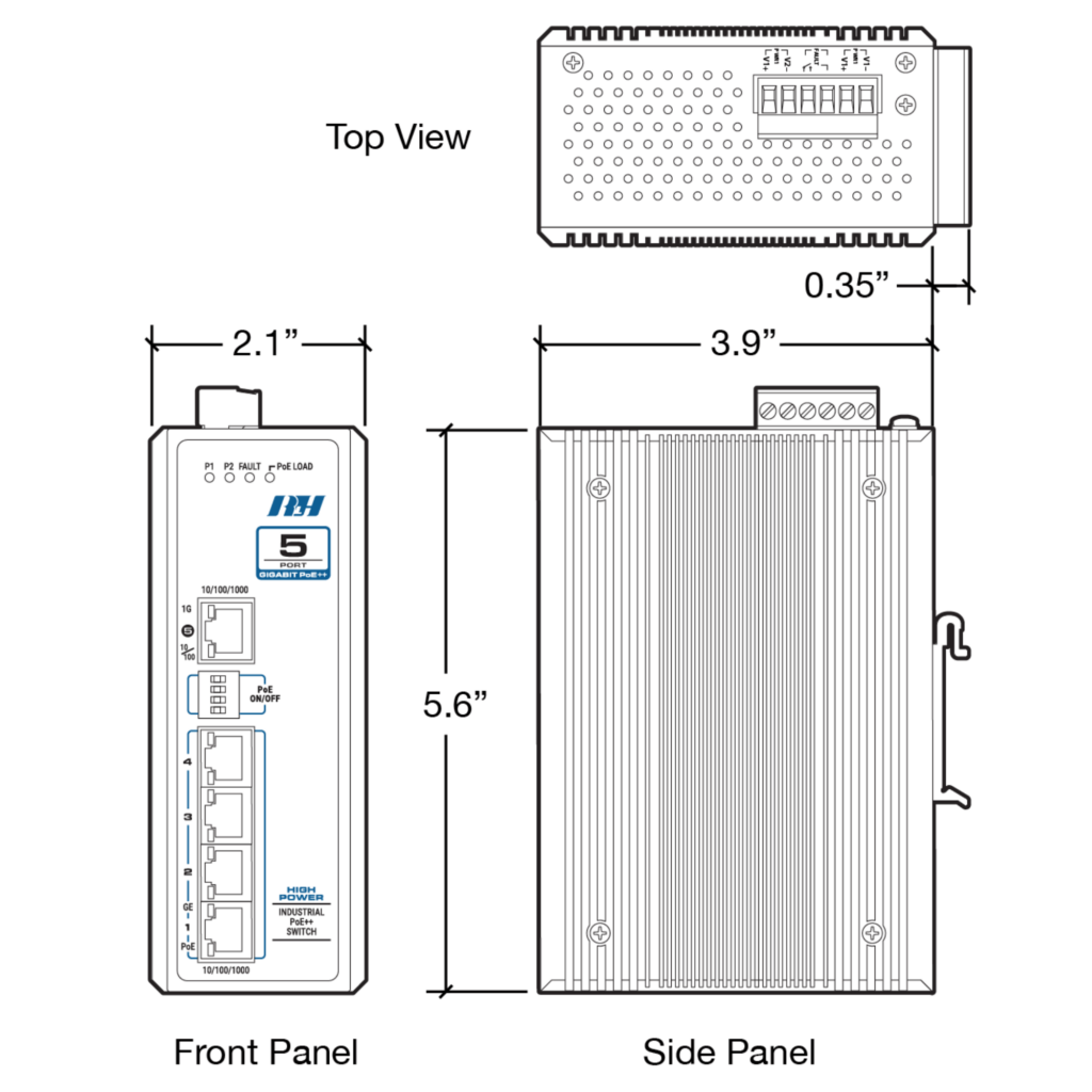 Industrial Ethernet Switches - 5 Port Gigabit Ultra PoE++ Switch - Dimensions