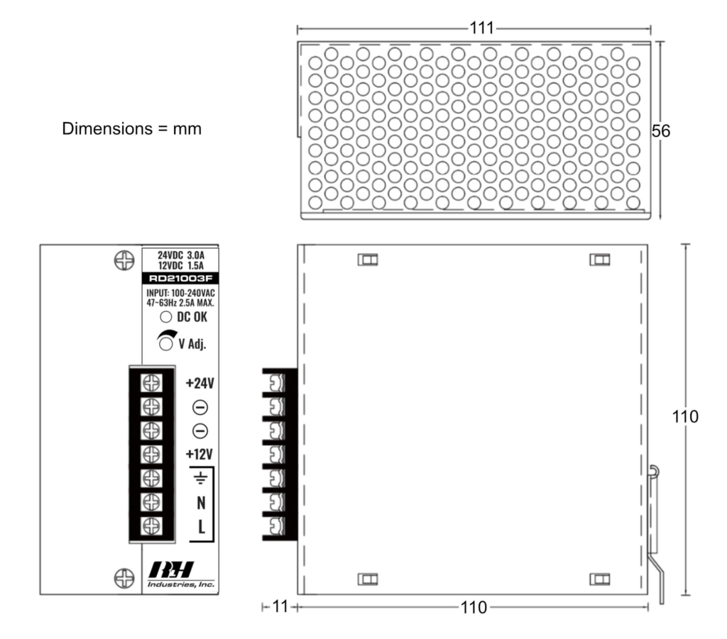 90W AC/DC 24V+12V Dual Output Power Supply - Dimensions