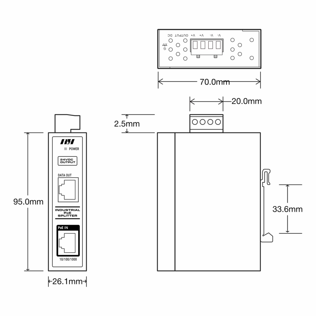 Industrial Ethernet Switches - Industrial 1-Port Gigabit PoE+ Splitter - Dimensions